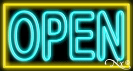 Double Stroke Aqua Open With Yellow Border LED Neon Sign