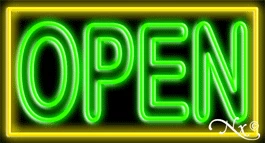 Double Stroke Green Open With Yellow Border LED Neon Sign