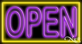 Double Stroke Purple Open With Yellow Border LED Neon Sign