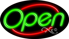 Green Open With Red Border Oval Animated LED Neon Sign