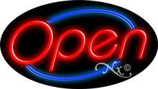 Flashing Sign - Red Open With Blue Border Oval Animated LED Neon Sign