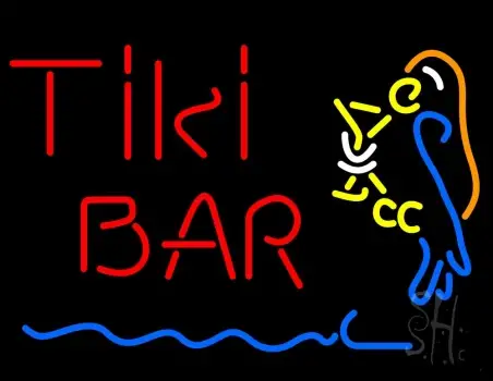 Red Tiki Bar With Parrot Martini Glass LED Neon Sign