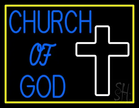 Blue Church Of God With Border LED Neon Sign