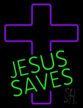 Green Jesus Saves Purple Cross LED Neon Sign