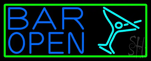 Blue Bar Open With Martini Glass LED Neon Sign