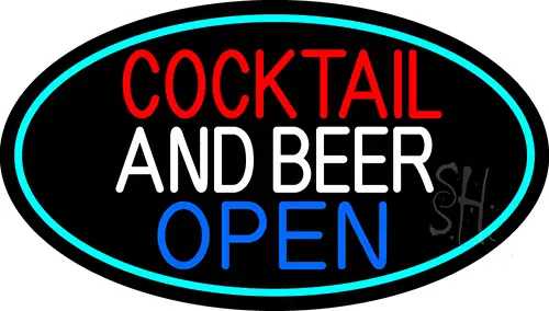 Cocktail And Beer Open Oval With Turquoise Border LED Neon Sign