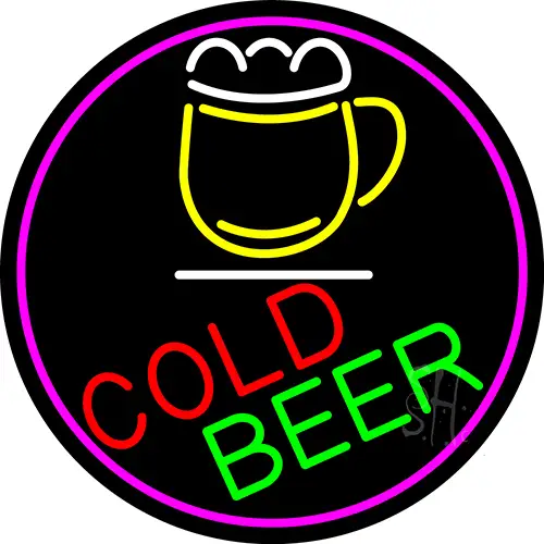 Cold Beer And Mug Oval With Pink Border LED Neon Sign