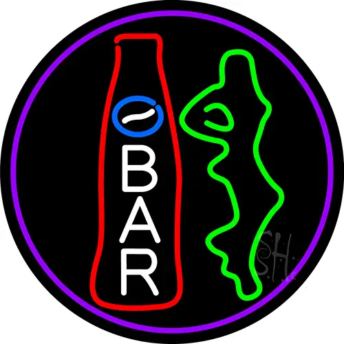 Custom Bar With Bottle And Girl Oval With Purple Border LED Neon Sign