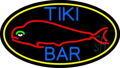 Dolphin Tiki Bar Oval With Yellow Border LED Neon Sign