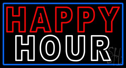 Double Stroke Happy Hour With Blue Border LED Neon Sign