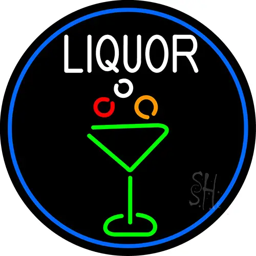 Liquor And Martini Glass Oval With Blue Border LED Neon Sign