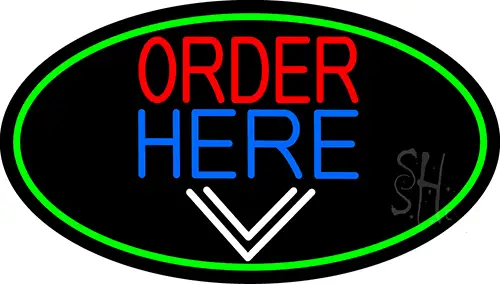 Order Here With Down Arrow Oval With Green Border LED Neon Sign