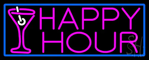 Pink Happy Hour And Wine Glass With Blue Border LED Neon Sign