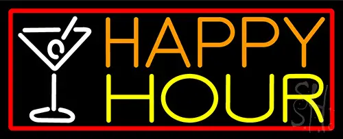 Red Happy Hour And Wine Glass With Red Border LED Neon Sign