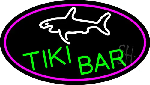 Tiki Bar And Shark Oval With Pink Border LED Neon Sign