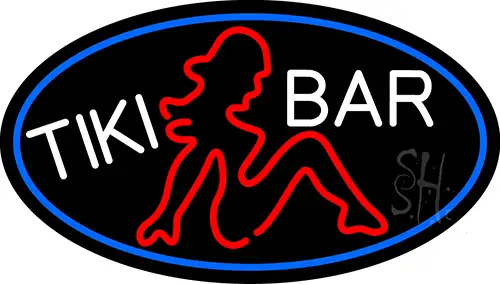 Tiki Bar Girl Oval With Blue Border LED Neon Sign
