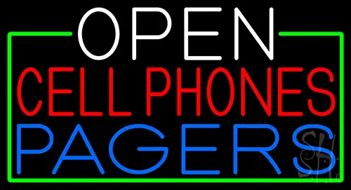 Open Cell Phones Pagers With Green Border LED Neon Sign