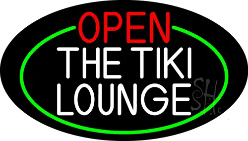Open The Tiki Lounge Oval With Green Border LED Neon Sign