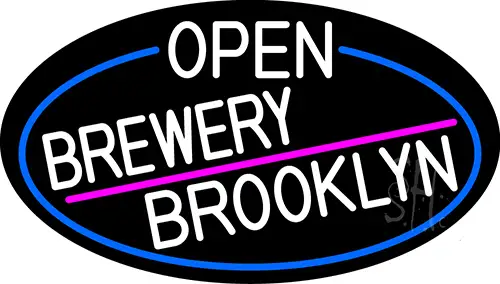 White Open Brewery Brooklyn Oval With Blue Border LED Neon Sign