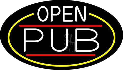White Open Pub Oval With Yellow Border LED Neon Sign