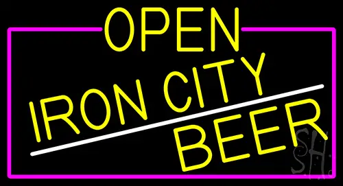 Yellow Open Iron City Beer With Pink Border LED Neon Sign