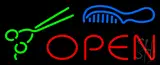 Open with Scissor and Comb Logo Neon Sign