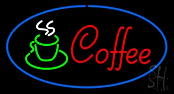 Oval Red Coffee Logo with Blue Border LED Neon Sign