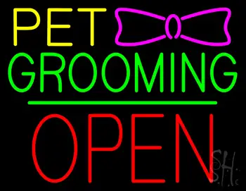 Pet Grooming Logo Block Red Open Green Line LED Neon Sign