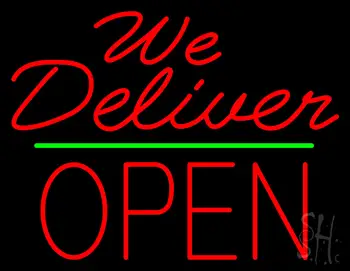 Red We Deliver Open Green Line LED Neon Sign