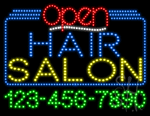 Hair Salon Open with Phone Number Animated LED Sign