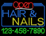 Hair and Nails Open with Phone Number Animated LED Sign