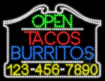 Tacos Burritos Open with Phone Number Animated LED Sign