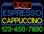 Espresso Cappuccino Open with Phone Number Animated LED Sign