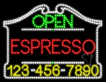 Espresso Open with Phone Number Animated LED Sign