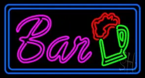 Double Stroke Bar With Beer Mug Blue Border LED Neon Sign