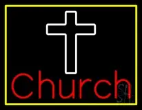Church With Cross Yellow Border LED Neon Sign