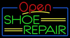 Green Shoe Repair Open With Blue Border LED Neon Sign