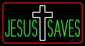 Jesus Saves White  Cross Red Border LED Neon Sign