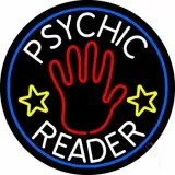 White Psychic Reader With Red Palm Blue Circle LED Neon Sign