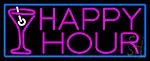 Pink Happy Hour And Wine Glass With Blue Border LED Neon Sign