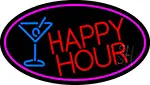 Red Happy Hour And Wine Glass Oval With Pink Border LED Neon Sign