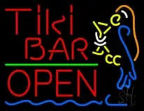 Red Tiki Bar With Parrot Martini Glass Open LED Neon Sign
