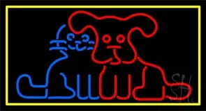 Dog Cat Yellow Border LED Neon Sign