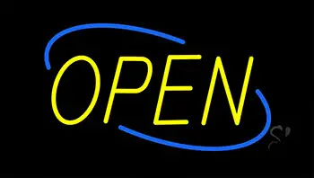 Open Yellow Letters With Blue Border Neon Sign