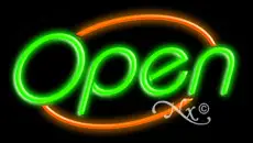 Green Open With Orange Border Neon Sign