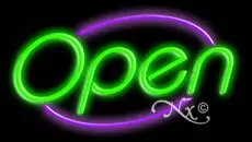 Green Open With Purple Border Neon Sign