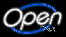 White Open With Blue Border Neon Sign