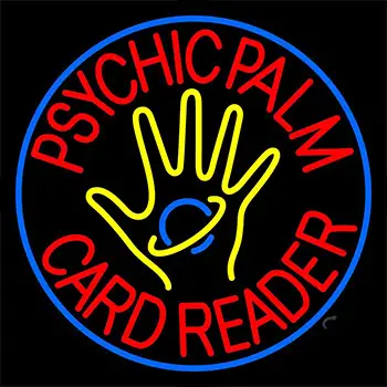 Red Psychic Palm Card Reader Blue Border Neon Sign