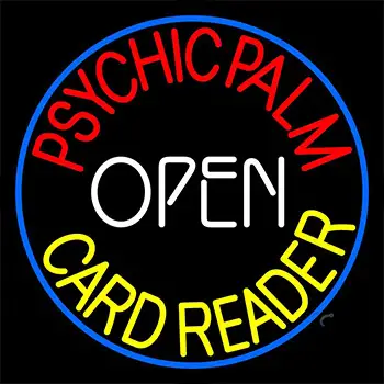 Red Psychic Palm Yellow Card Reader White Open Neon Sign
