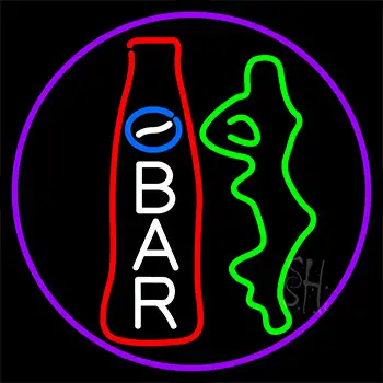 Custom Bar With Bottle And Girl With Purple Border Neon Sign